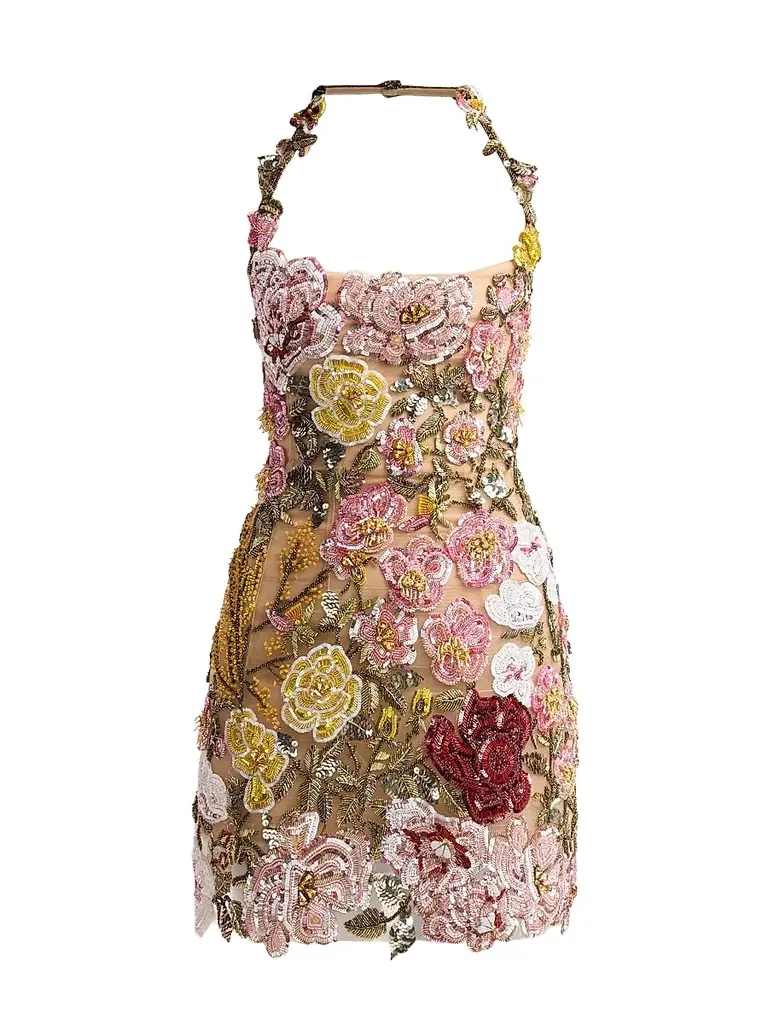 Women's Floral-Embroidered Halter Cocktail Dress