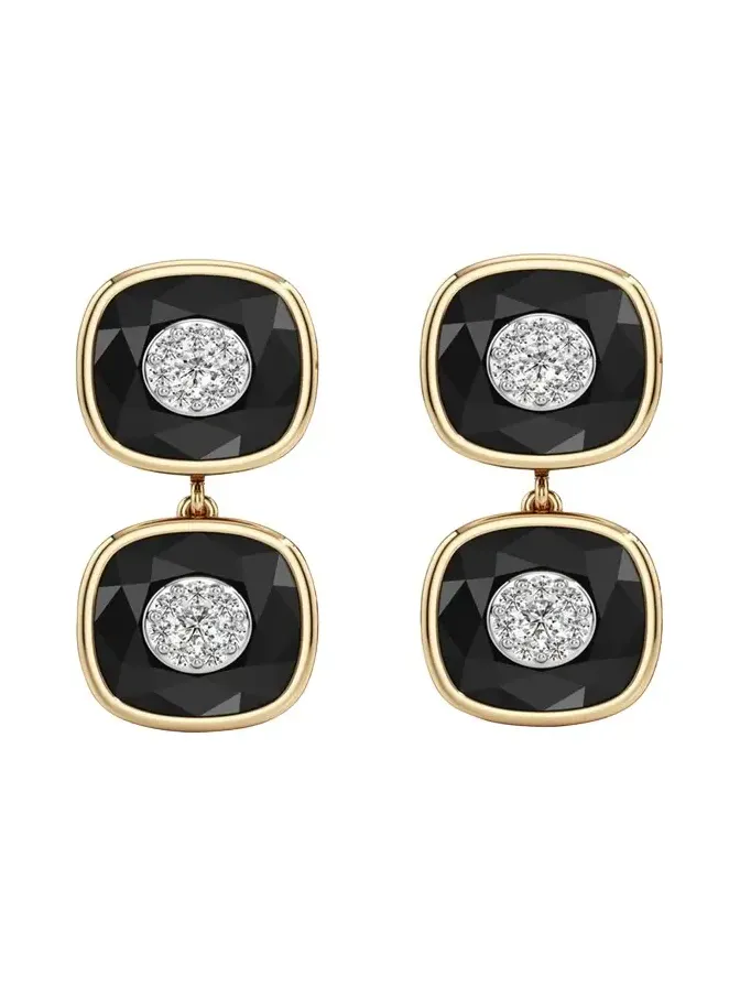 Bhansali 18K Yellow Gold One Collection Double Cushion Bezel Onyx and Diamond Earrings