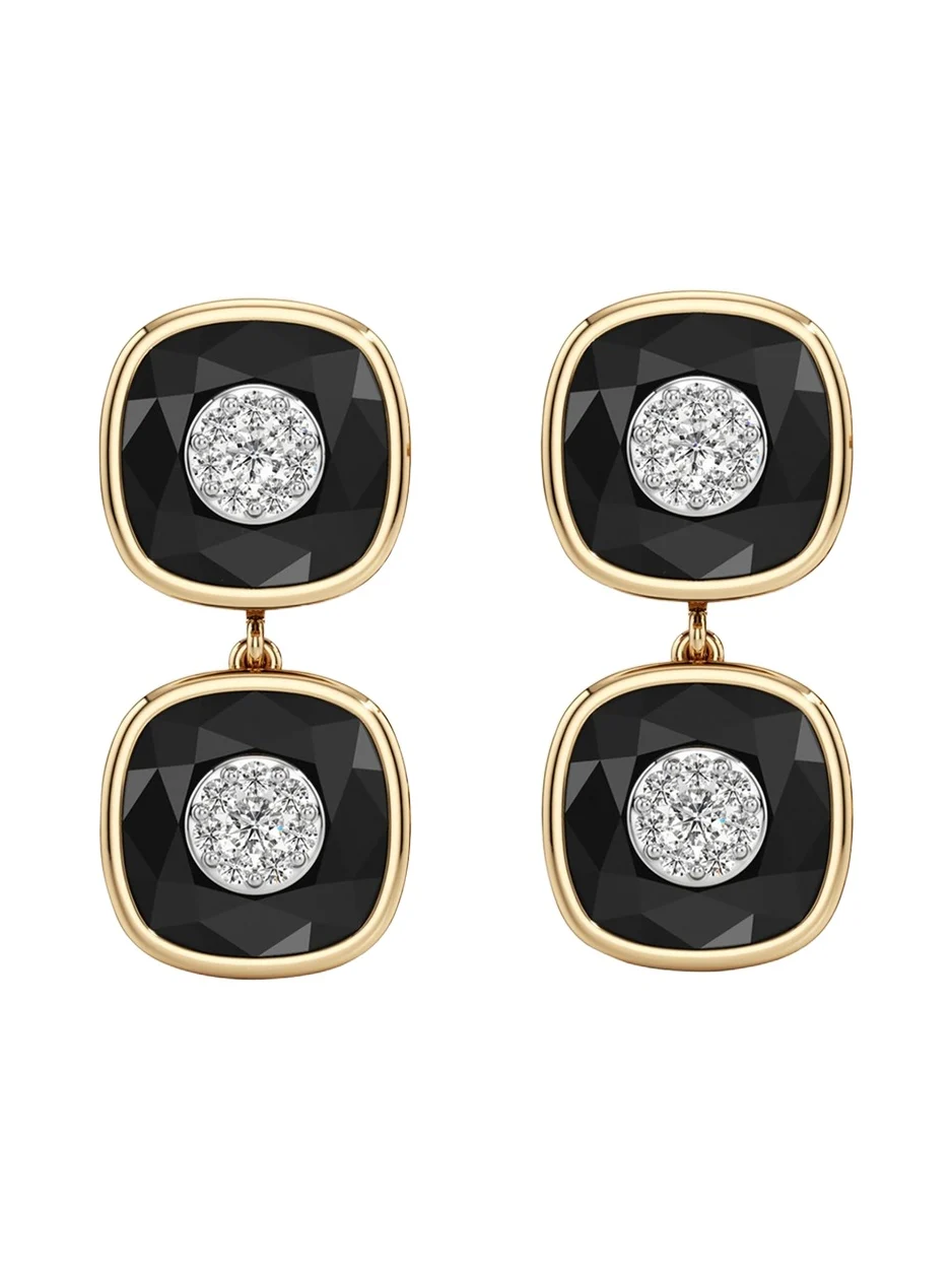 18K Yellow Gold One Collection Double Cushion Bezel Onyx and Diamond Earrings 18K Yellow Gold One Collection Double Cushion Bezel Onyx and Diamond Earrings
