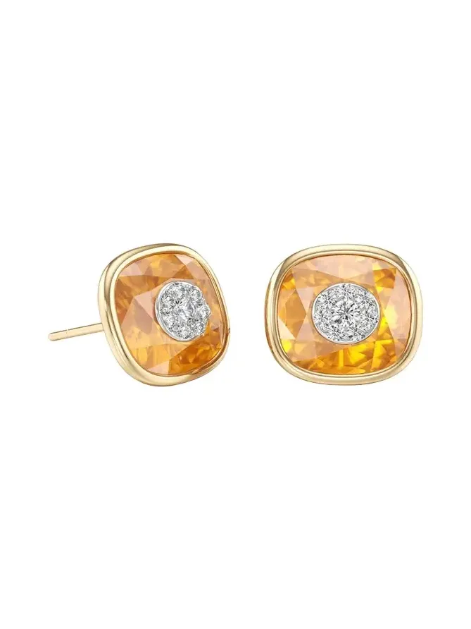 Bhansali 18K Yellow Gold One Collection Cushion Bezel Citrine and Diamond Earrings