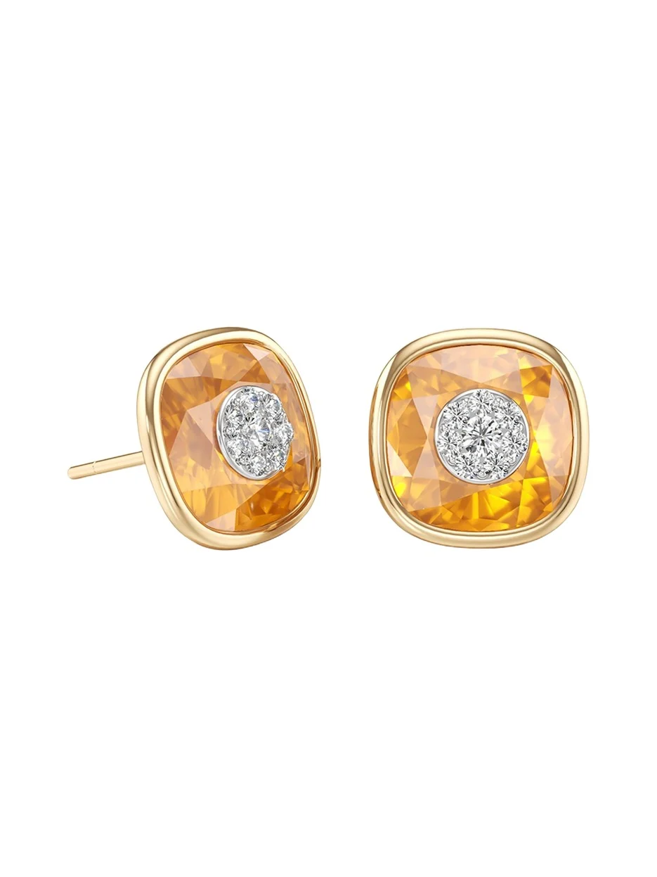 18K Yellow Gold One Collection Cushion Bezel Citrine and Diamond Earrings 18K Yellow Gold One Collection Cushion Bezel Citrine and Diamond Earrings