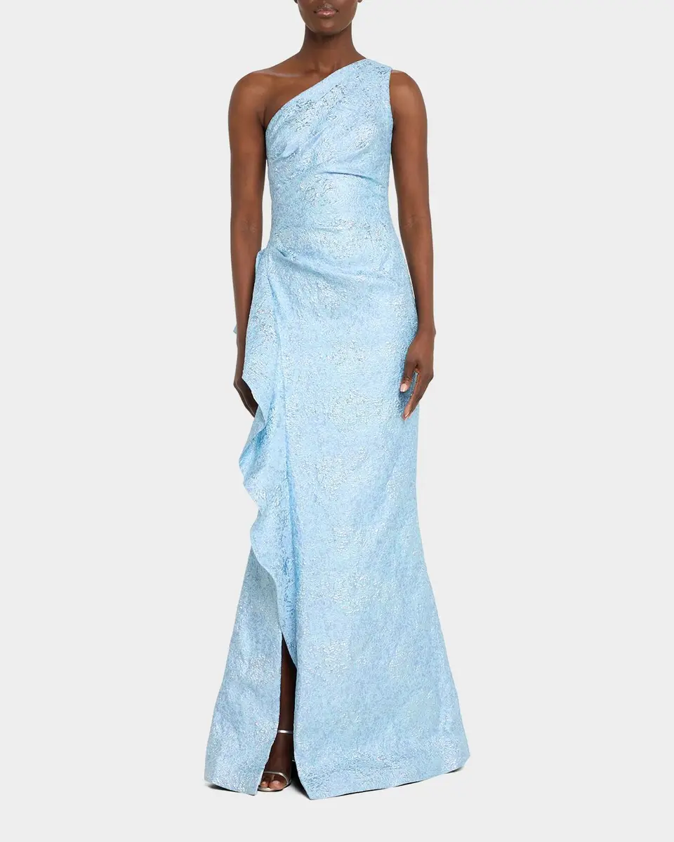 Rickie Freeman for Teri Jon One-Shoulder Jacquard Side-Ruffle Gown | Thumbnail 2 Rickie Freeman for Teri Jon One-Shoulder Jacquard Side-Ruffle Gown | Thumbnail 2