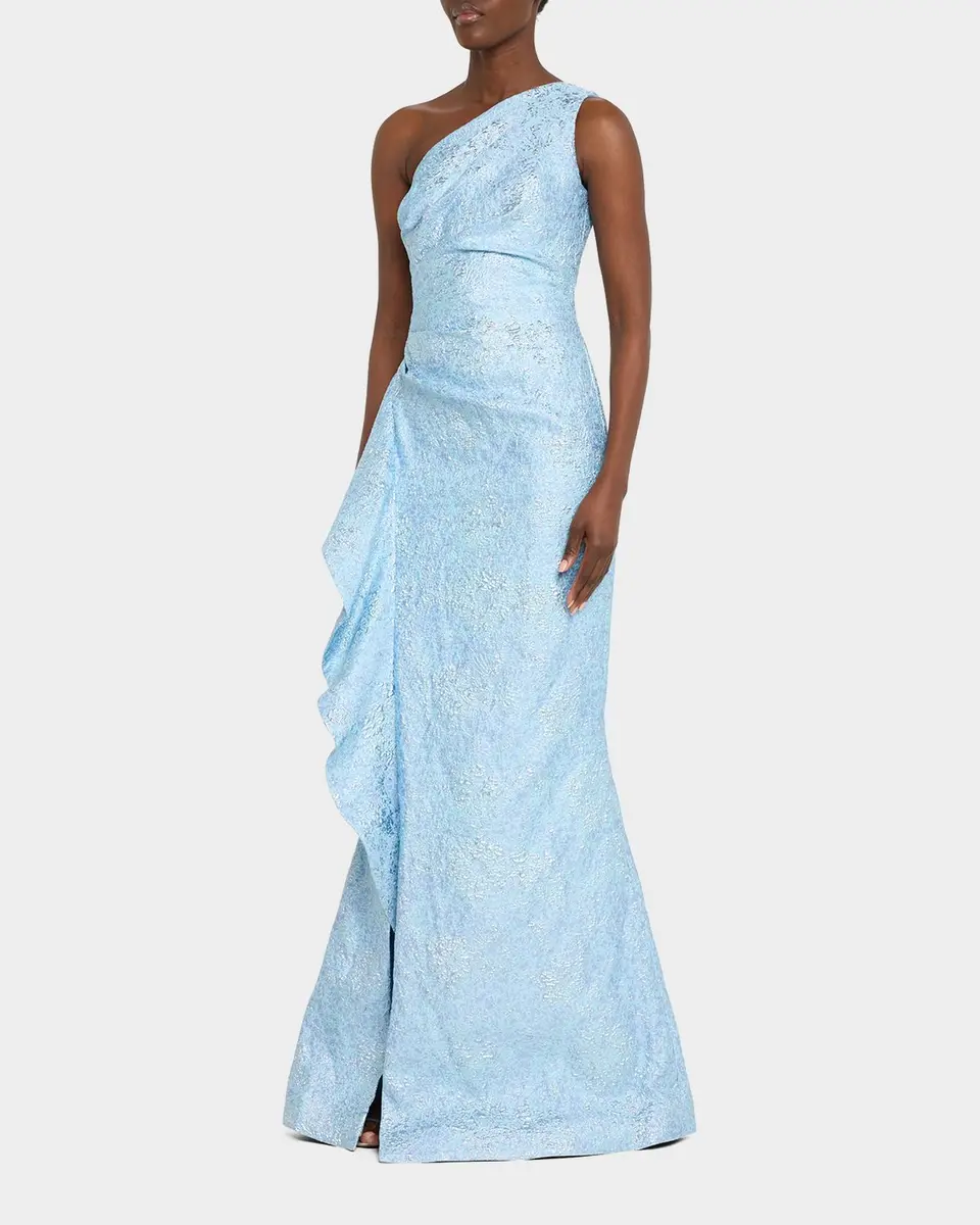 Rickie Freeman for Teri Jon One-Shoulder Jacquard Side-Ruffle Gown | Thumbnail 4 Rickie Freeman for Teri Jon One-Shoulder Jacquard Side-Ruffle Gown | Thumbnail 4