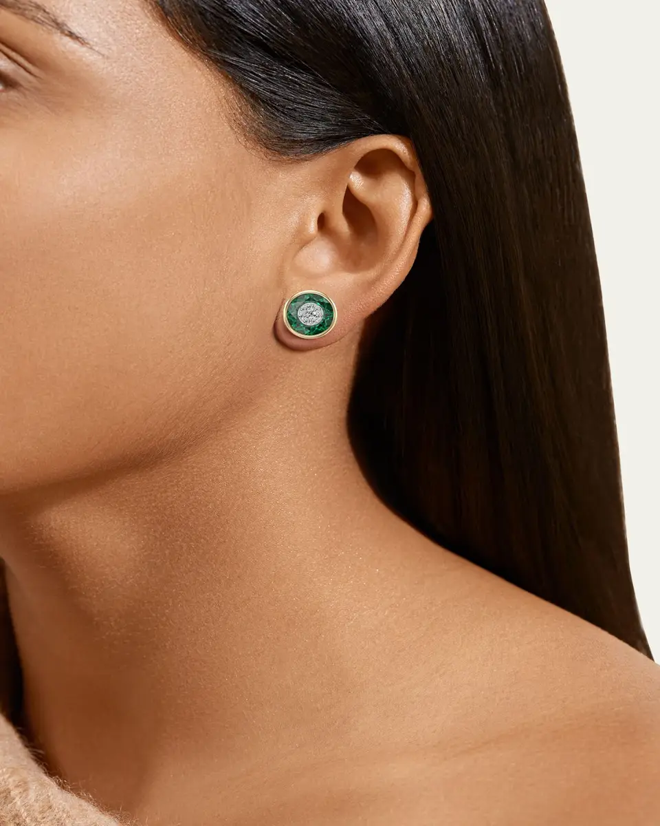 Bhansali One Collection 10mm Round Fusion Emerald Bezel Stud Earrings in 18K Yellow Gold with Diamonds | Thumbnail 2 Bhansali One Collection 10mm Round Fusion Emerald Bezel Stud Earrings in 18K Yellow Gold with Diamonds | Thumbnail 2