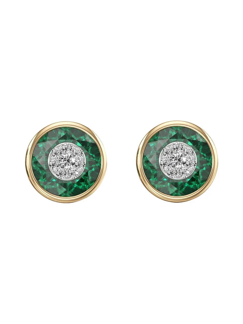 One Collection 10mm Round Fusion Emerald Bezel Stud Earrings in 18K Yellow Gold with Diamonds One Collection 10mm Round Fusion Emerald Bezel Stud Earrings in 18K Yellow Gold with Diamonds