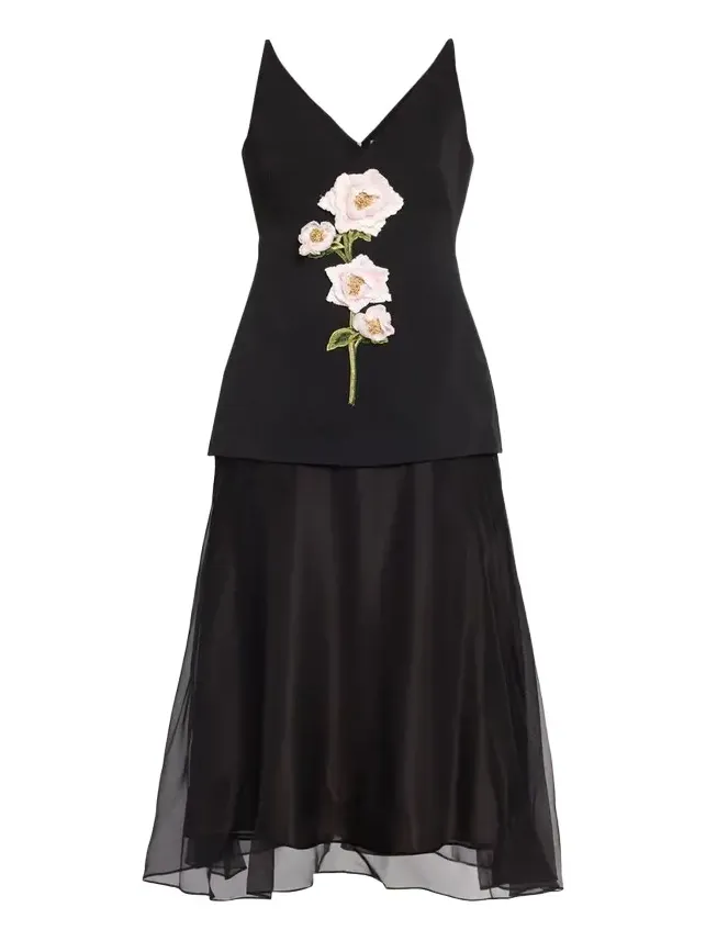 3D Peony Embroidered Faille V-Neck Cocktail Dress 3D Peony Embroidered Faille V-Neck Cocktail Dress