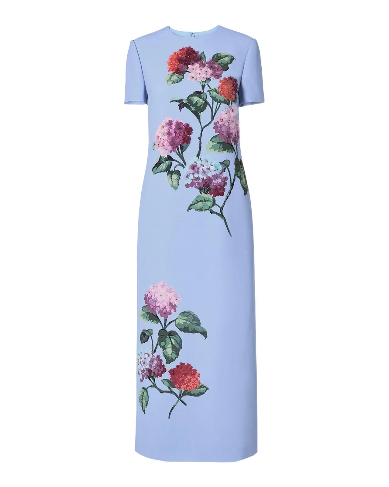 Hydrangea-Print Crepe Short-Sleeve Ankle Dress