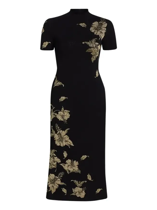 Metallic Hibiscus Flower Knit Short-Sleeve Midi Dress Metallic Hibiscus Flower Knit Short-Sleeve Midi Dress