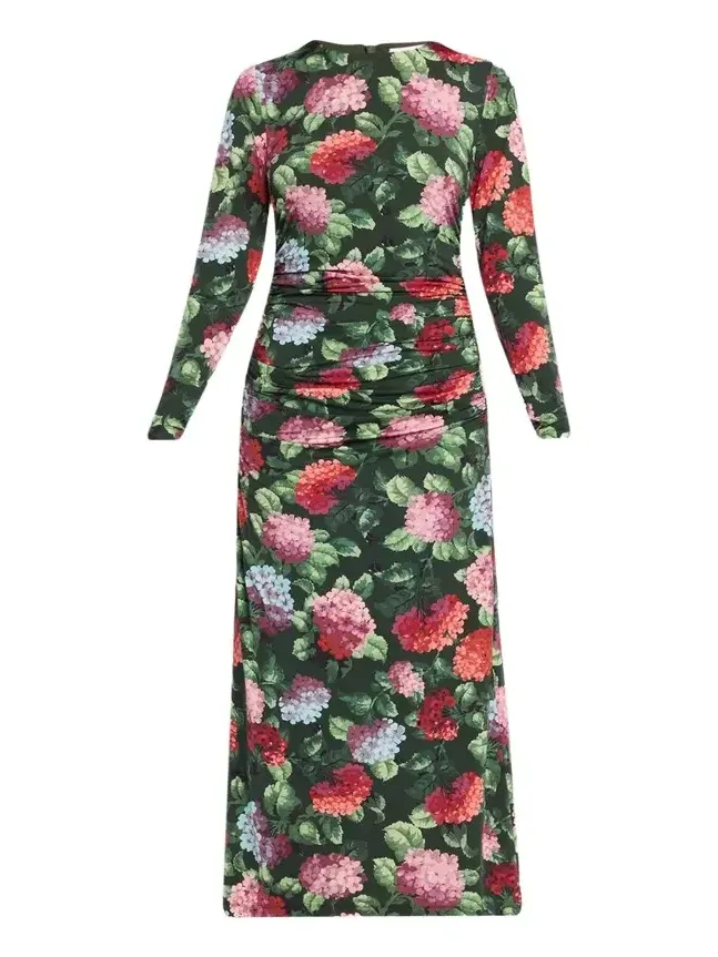 Carolina Herrera Hydrangea-Print Ruched Jersey Long-Sleeve Midi Dress