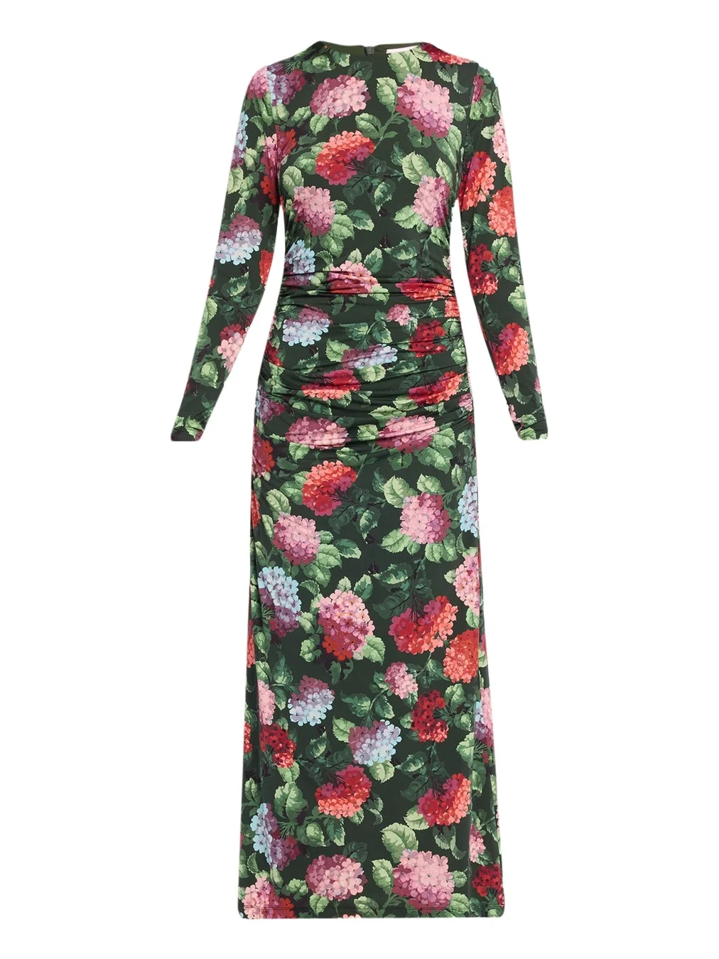 Hydrangea-Print Ruched Jersey Long-Sleeve Midi Dress Hydrangea-Print Ruched Jersey Long-Sleeve Midi Dress