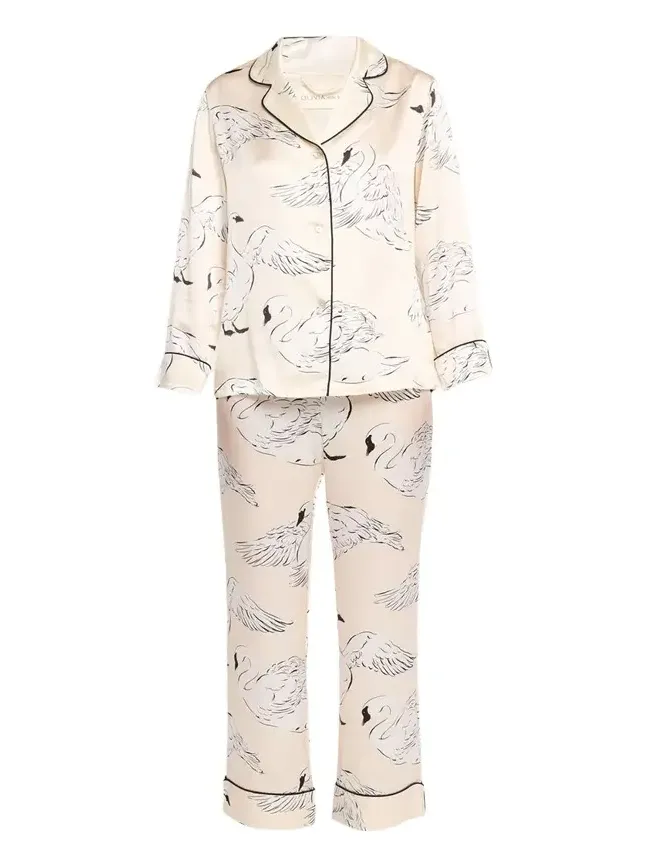 Lila Blanca Swan-Print Silk Satin Pajama Set Lila Blanca Swan-Print Silk Satin Pajama Set