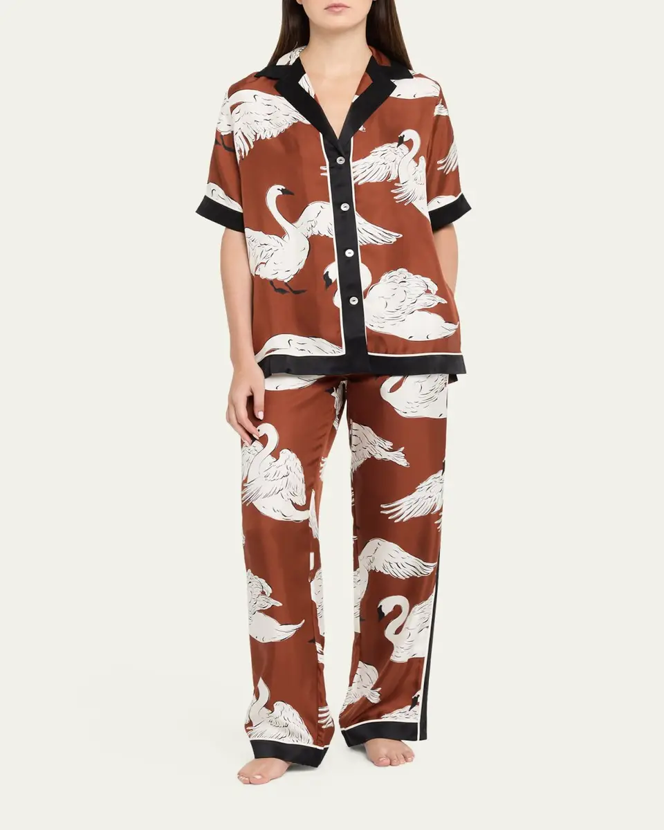 Olivia von Halle Tilda Ines Swan-Print Silk Twill Pajama Set | Thumbnail 2 Olivia von Halle Tilda Ines Swan-Print Silk Twill Pajama Set | Thumbnail 2