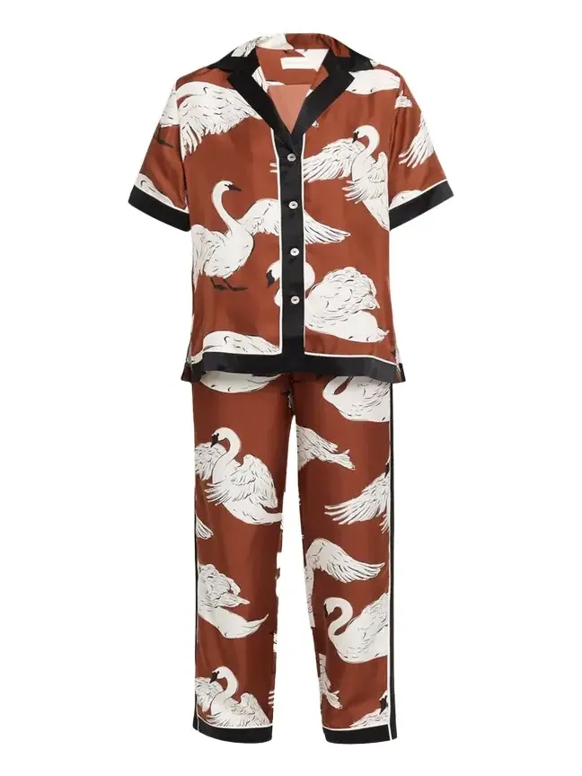 Tilda Ines Swan-Print Silk Twill Pajama Set