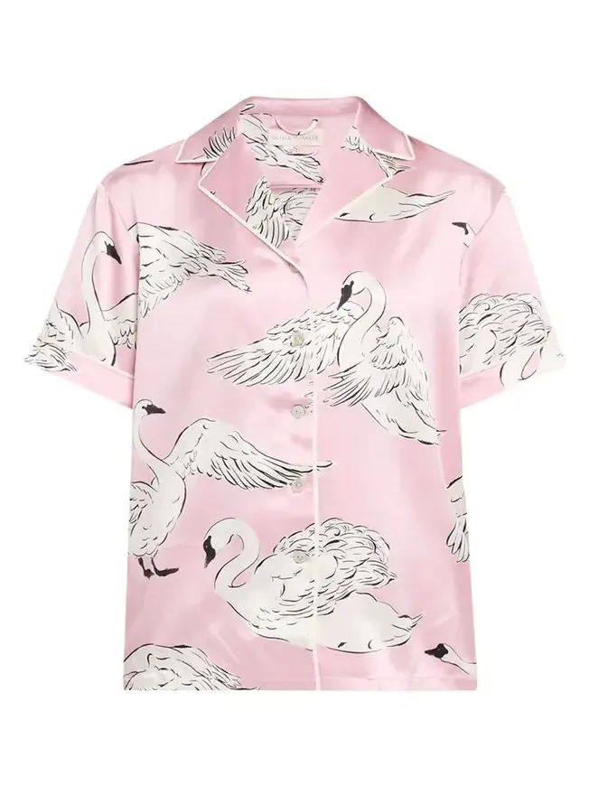 Ingo Selene Swan-Print Silk Satin Pajama Set