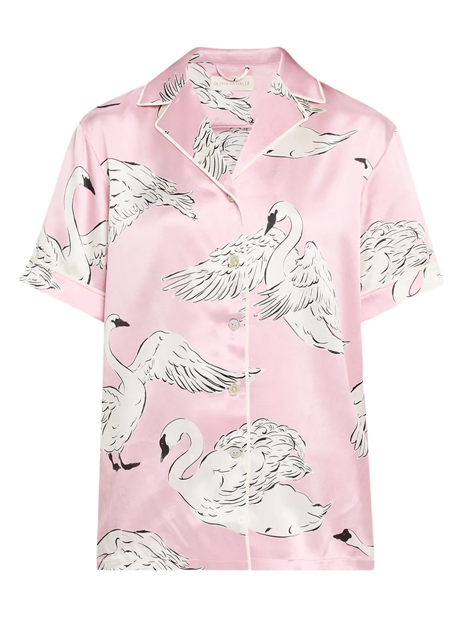 Ingo Selene Swan-Print Silk Satin Pajama Set Ingo Selene Swan-Print Silk Satin Pajama Set