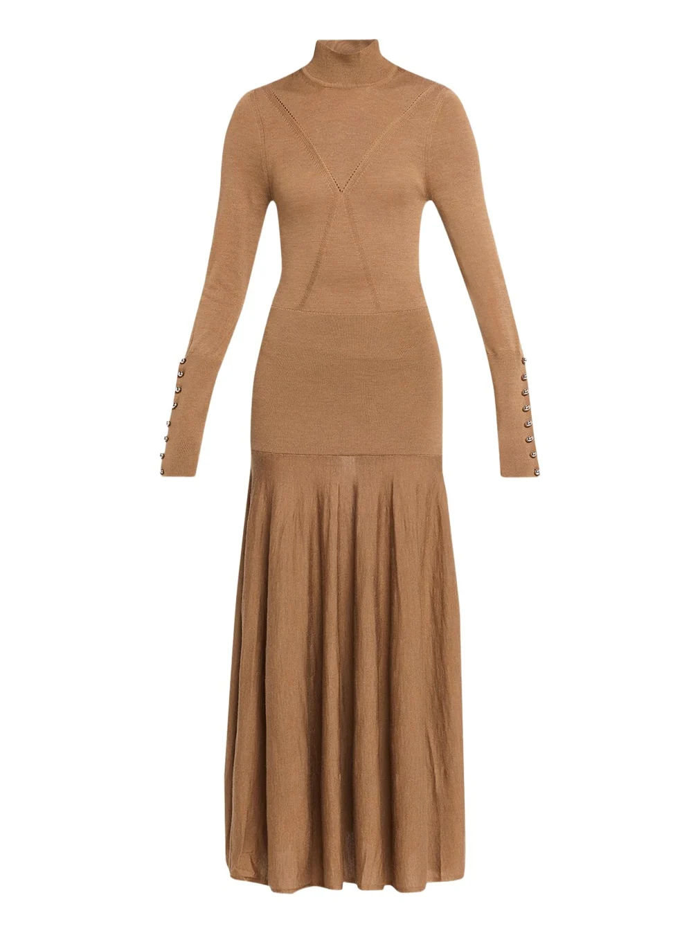 Rabanne Turtleneck Wool-Silk Knit Drop-Waist Maxi Dress