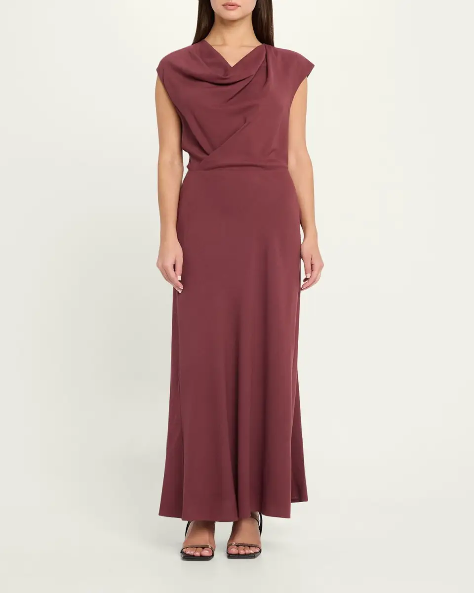 Brunello Cucinelli Fluid Wool Twill Cowl-Neck Dress | Thumbnail 2