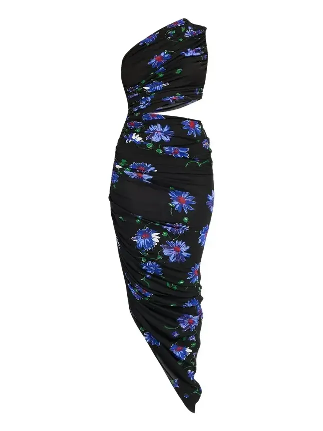 Ruched Floral Jersey Cutout Asymmetric Midi Dress