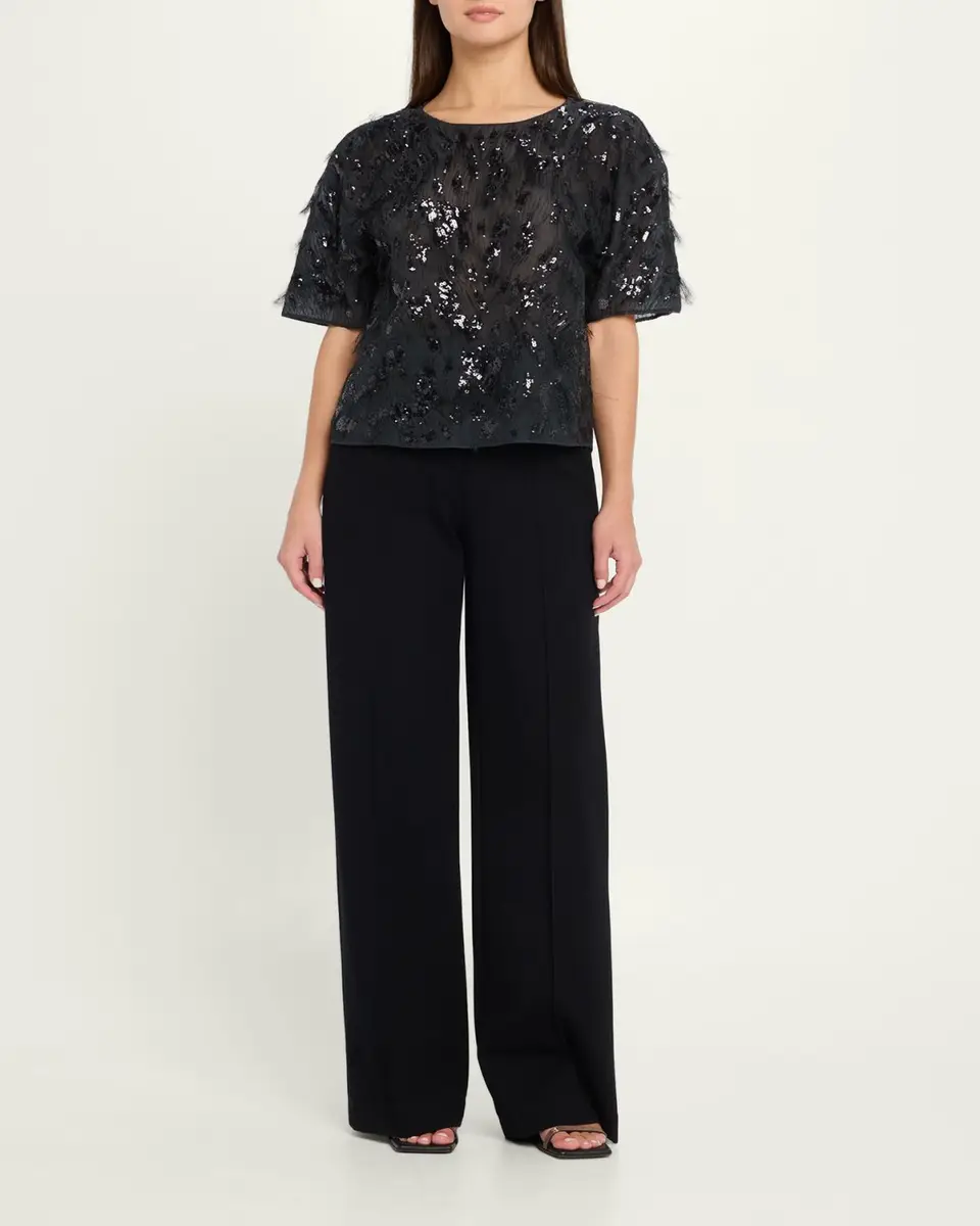 Brunello Cucinelli Animalier Sequined Fringe Silk Short-Sleeve Top | Thumbnail 2 Brunello Cucinelli Animalier Sequined Fringe Silk Short-Sleeve Top | Thumbnail 2