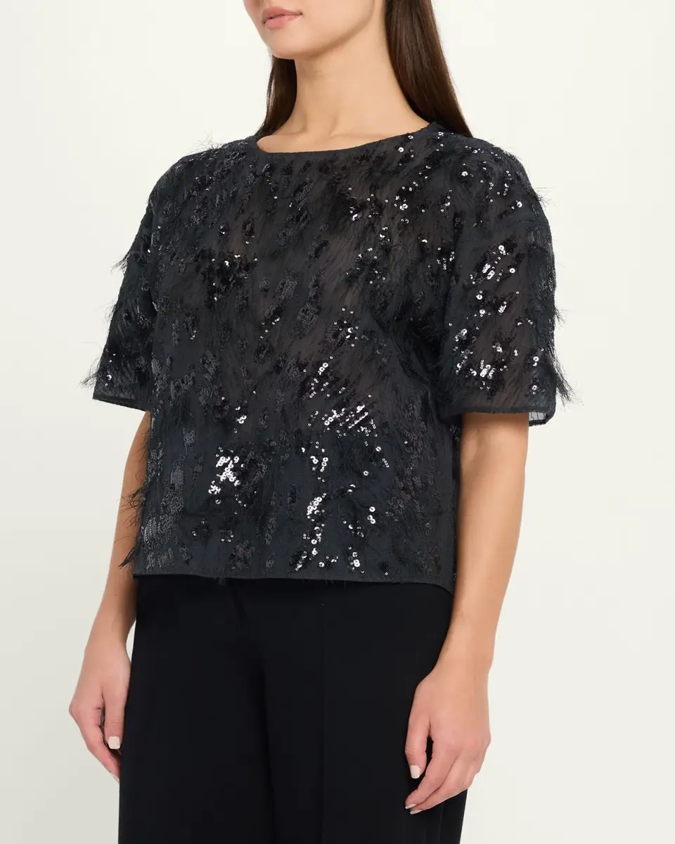 Brunello Cucinelli Animalier Sequined Fringe Silk Short-Sleeve Top | Thumbnail 4 Brunello Cucinelli Animalier Sequined Fringe Silk Short-Sleeve Top | Thumbnail 4