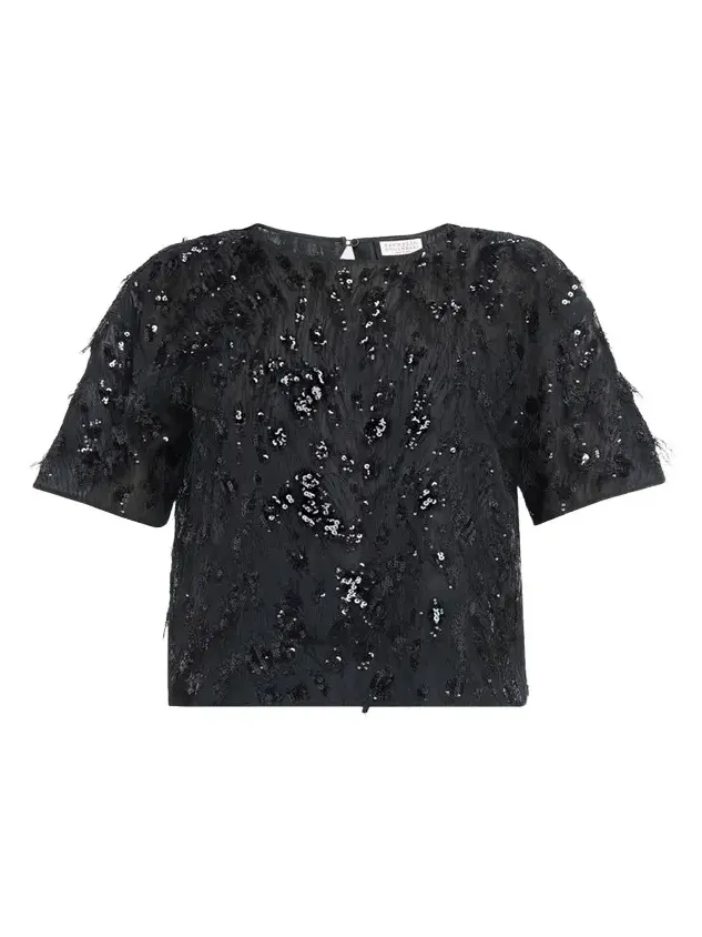 Animalier Sequined Fringe Silk Short-Sleeve Top Animalier Sequined Fringe Silk Short-Sleeve Top