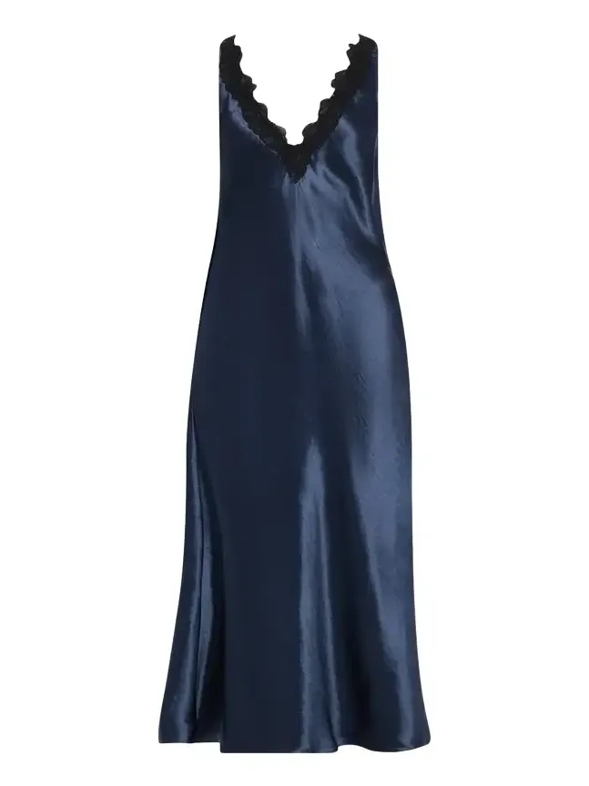 Lace-Trim V-Neck Satin Midi Slip Dress Lace-Trim V-Neck Satin Midi Slip Dress