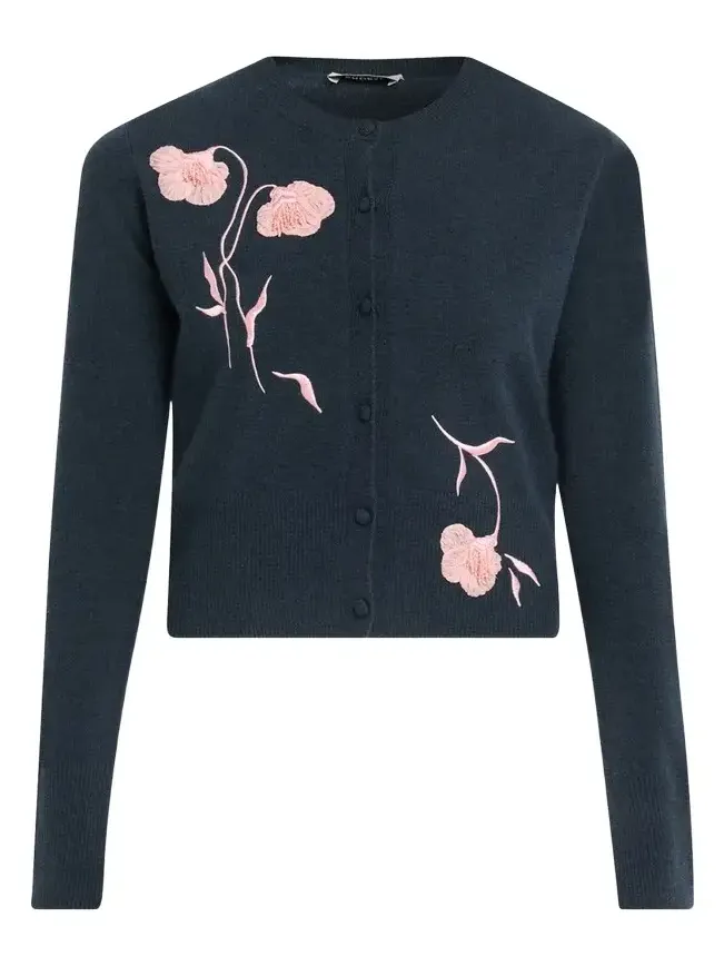 Flower Embroidered Cashmere-Wool Crewneck Cardigan Flower Embroidered Cashmere-Wool Crewneck Cardigan