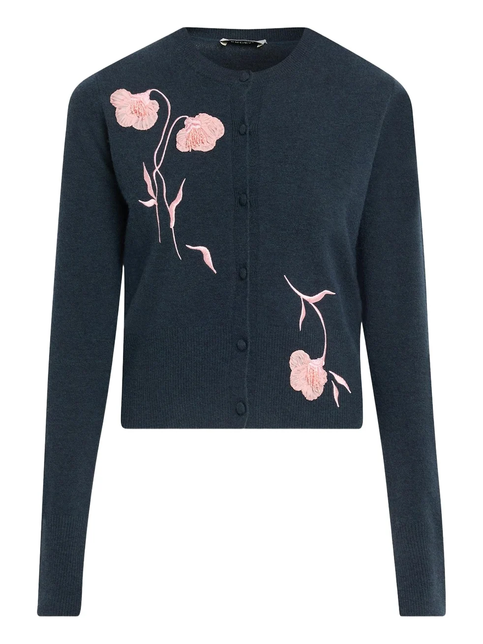 Flower Embroidered Cashmere-Wool Crewneck Cardigan Flower Embroidered Cashmere-Wool Crewneck Cardigan