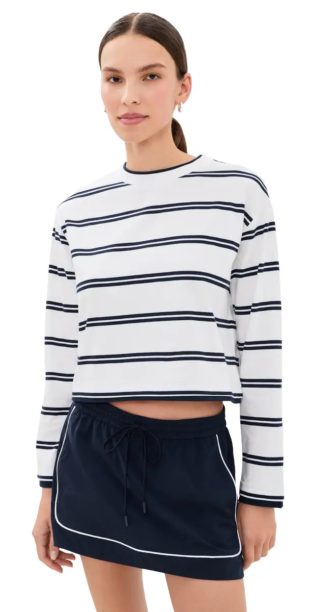 Good American The ong Sleeve ayered Tee Navy Double Stripe | Image 1 Good American The ong Sleeve ayered Tee Navy Double Stripe | Image 1