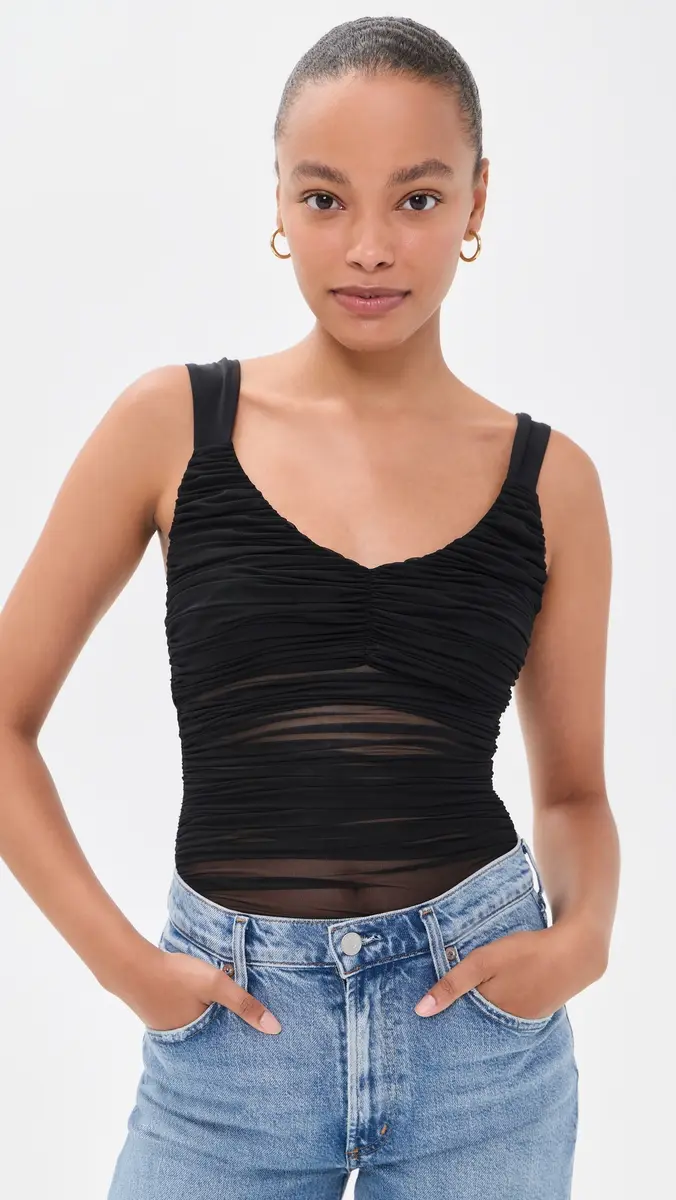 Alice + Olivia Renee Sheer Soft Ruched Tank Thong Bodysuit | Thumbnail 2 Alice + Olivia Renee Sheer Soft Ruched Tank Thong Bodysuit | Thumbnail 2