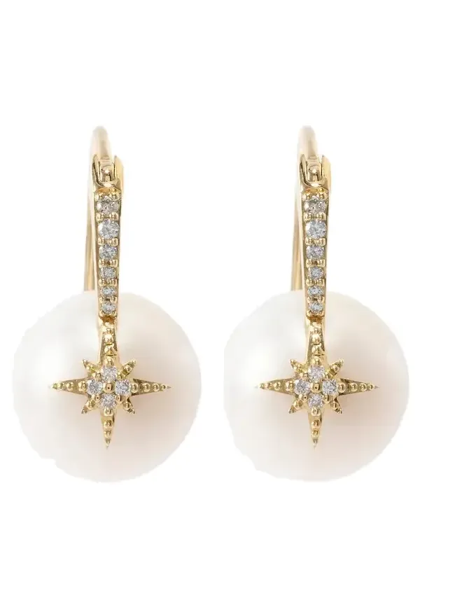 Starburst 14kt gold earrings with diamonds and pearls
