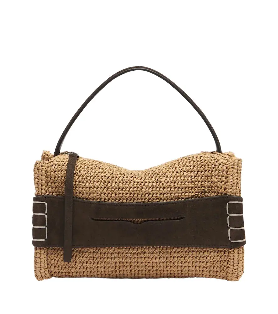 Loafer Small suede-trimmed raffia top-handle bag Loafer Small suede-trimmed raffia top-handle bag