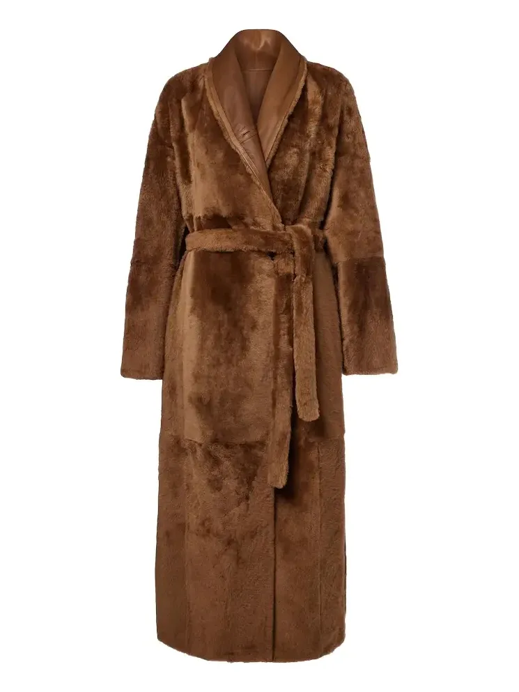 Reversible shearling and leather wrap coat