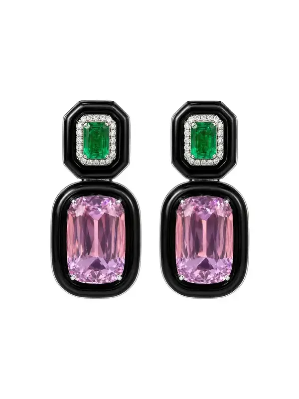 44.89ct Diamond Emerald Kunzite Onyx 18K Gold Drop Earrings
