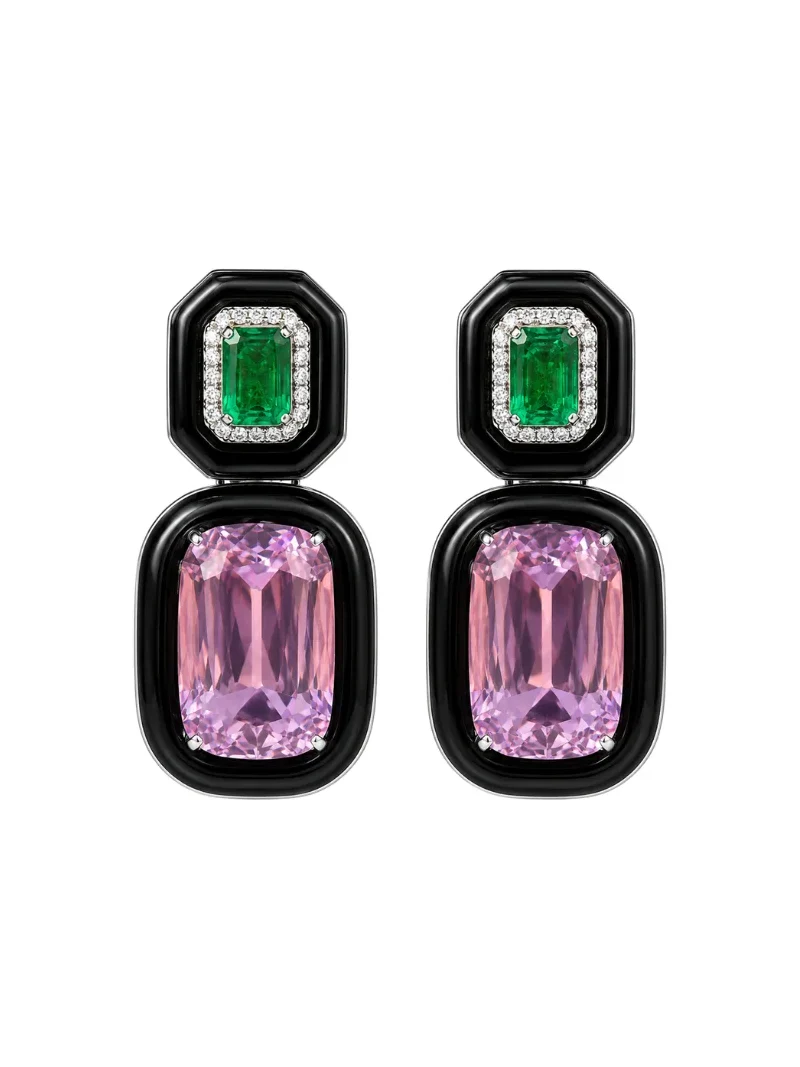 44.89ct Diamond Emerald Kunzite Onyx 18K Gold Drop Earrings 44.89ct Diamond Emerald Kunzite Onyx 18K Gold Drop Earrings