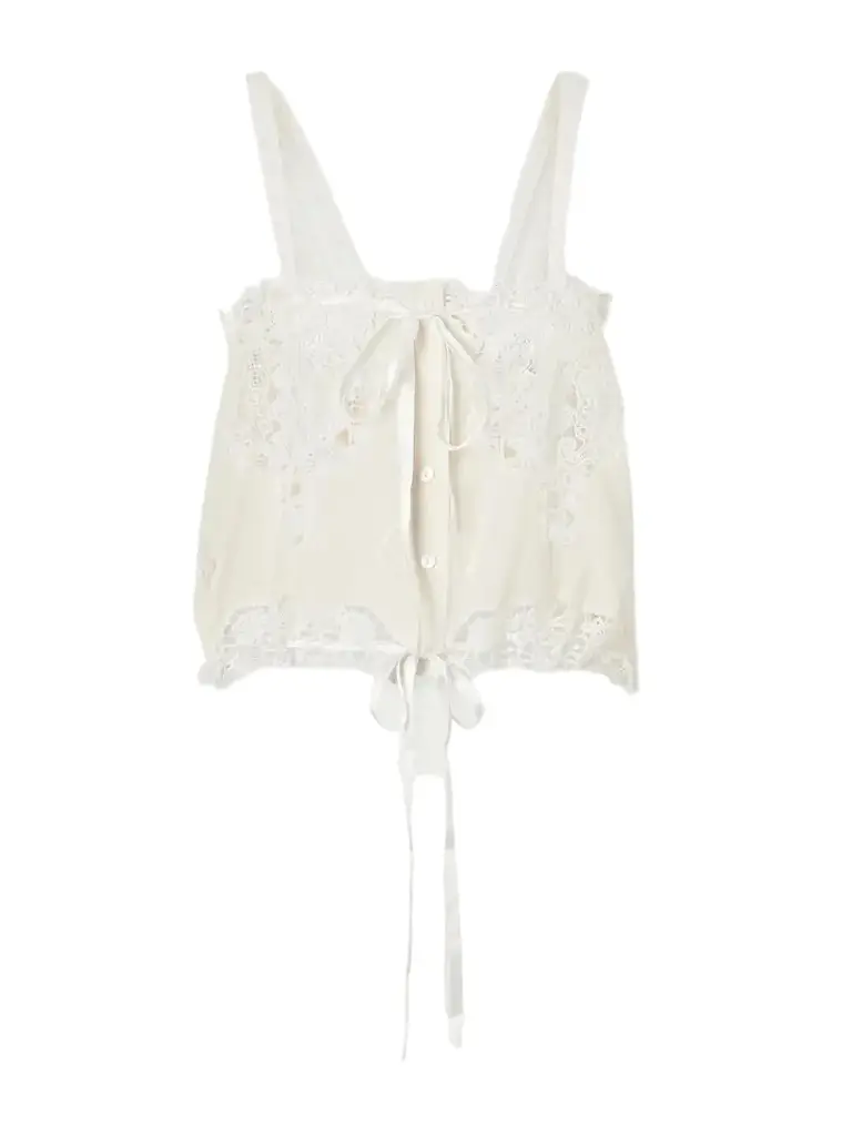 Miguelina Palmer Cropped Guipure Lace-trimmed Cotton-blend Top | Image 1 Miguelina Palmer Cropped Guipure Lace-trimmed Cotton-blend Top | Image 1