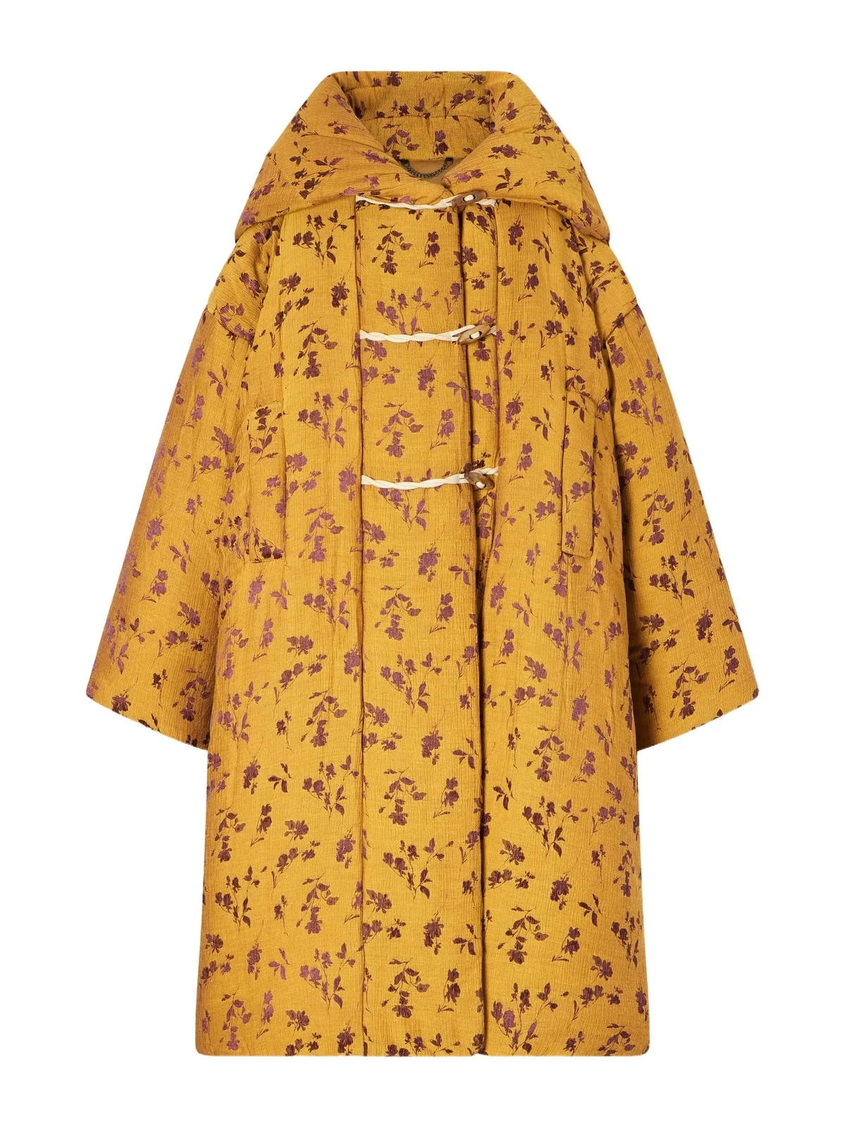 Hooded Padded Floral-jacquard Long Jacket