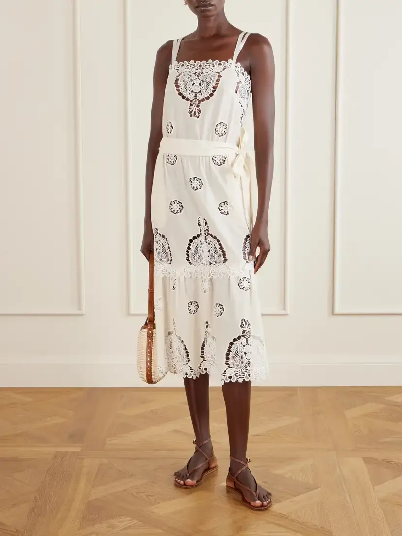 Miguelina Esme Belted Guipure Lace-trimmed Cotton-blend Midi Dress | Thumbnail 2