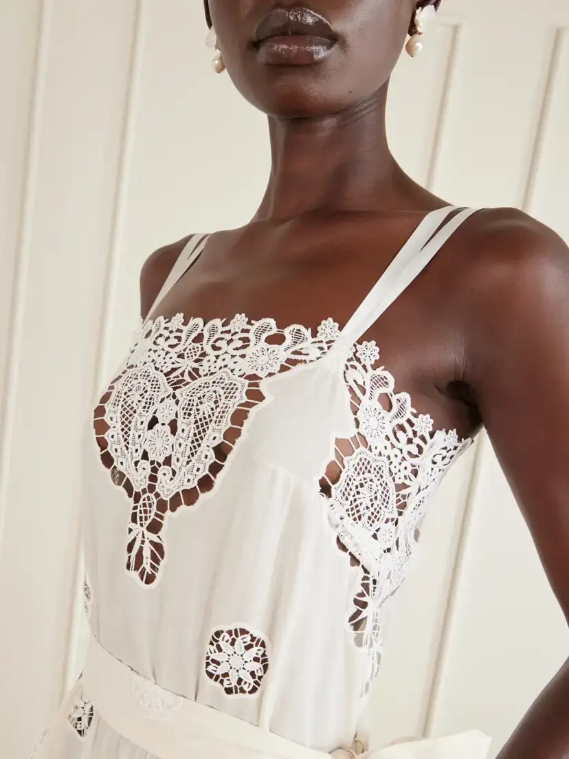 Miguelina Esme Belted Guipure Lace-trimmed Cotton-blend Midi Dress | Thumbnail 4