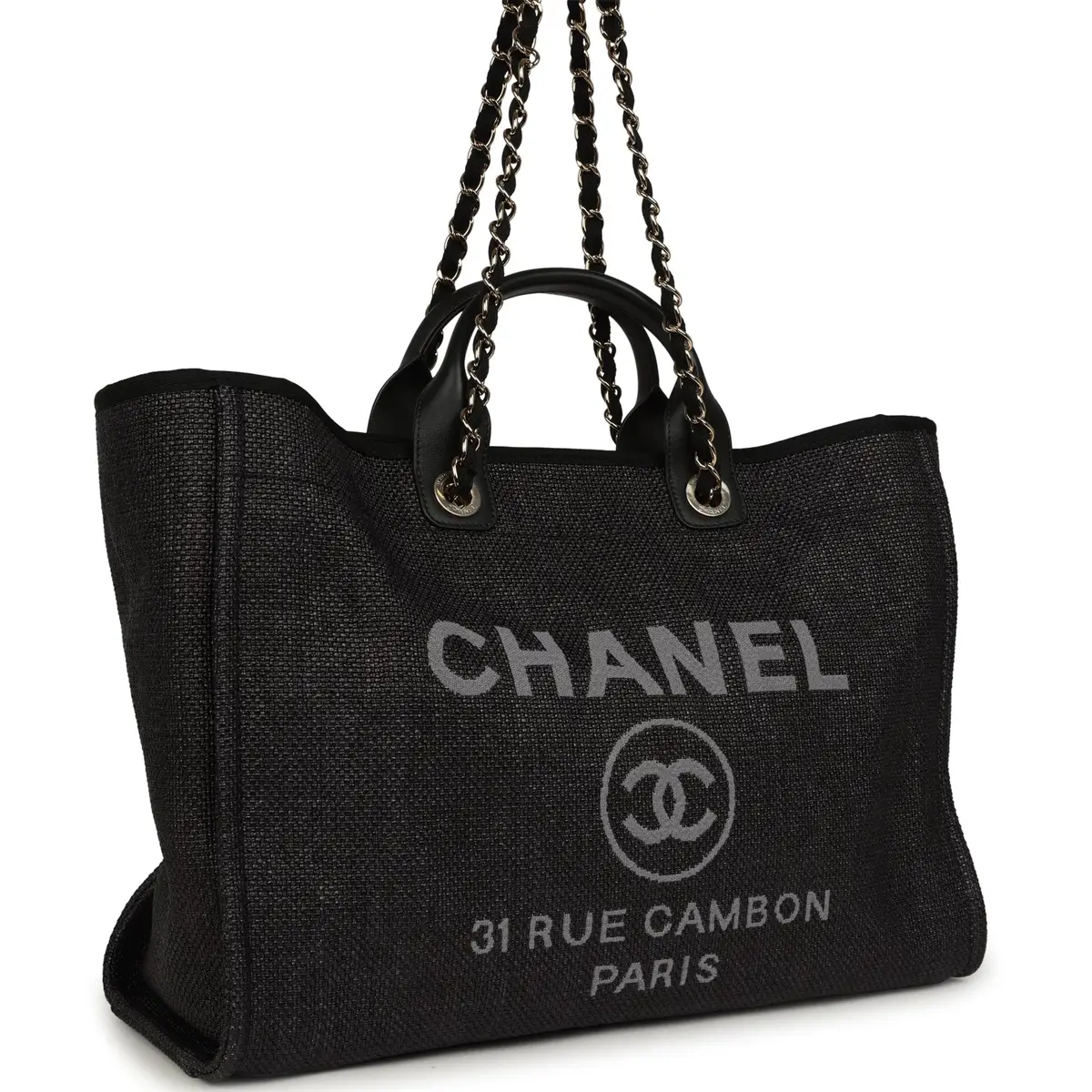 Chanel Chanel Large Deauville Shopping Tote Black, Grey Raffia, Black Canvas Light Gold Hardware | Thumbnail 2 Chanel Chanel Large Deauville Shopping Tote Black, Grey Raffia, Black Canvas Light Gold Hardware | Thumbnail 2