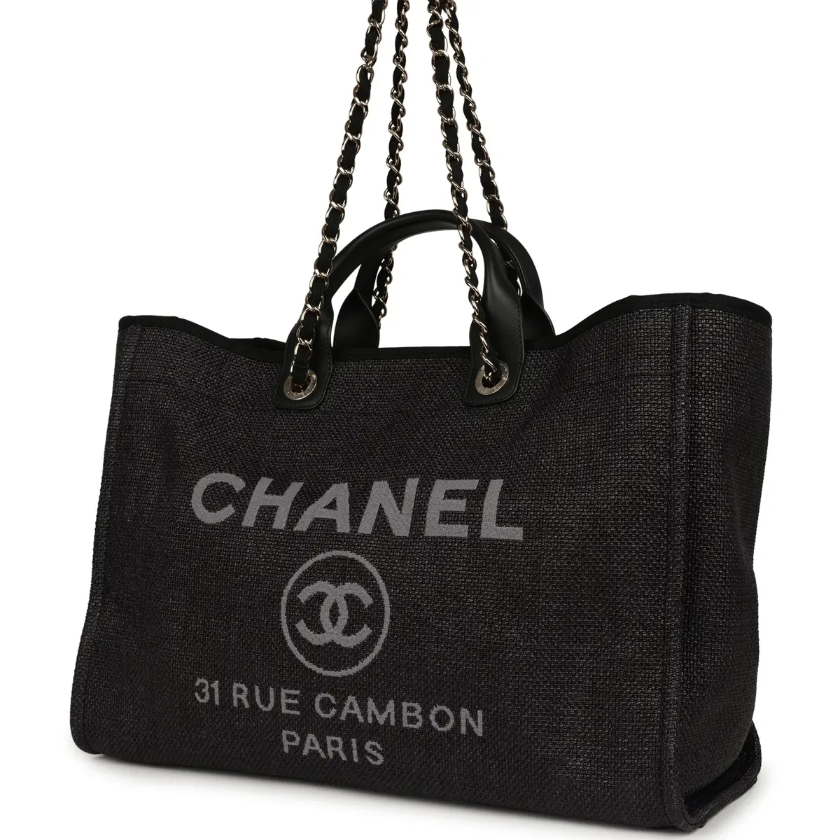 Chanel Chanel Large Deauville Shopping Tote Black, Grey Raffia, Black Canvas Light Gold Hardware | Thumbnail 5 Chanel Chanel Large Deauville Shopping Tote Black, Grey Raffia, Black Canvas Light Gold Hardware | Thumbnail 5