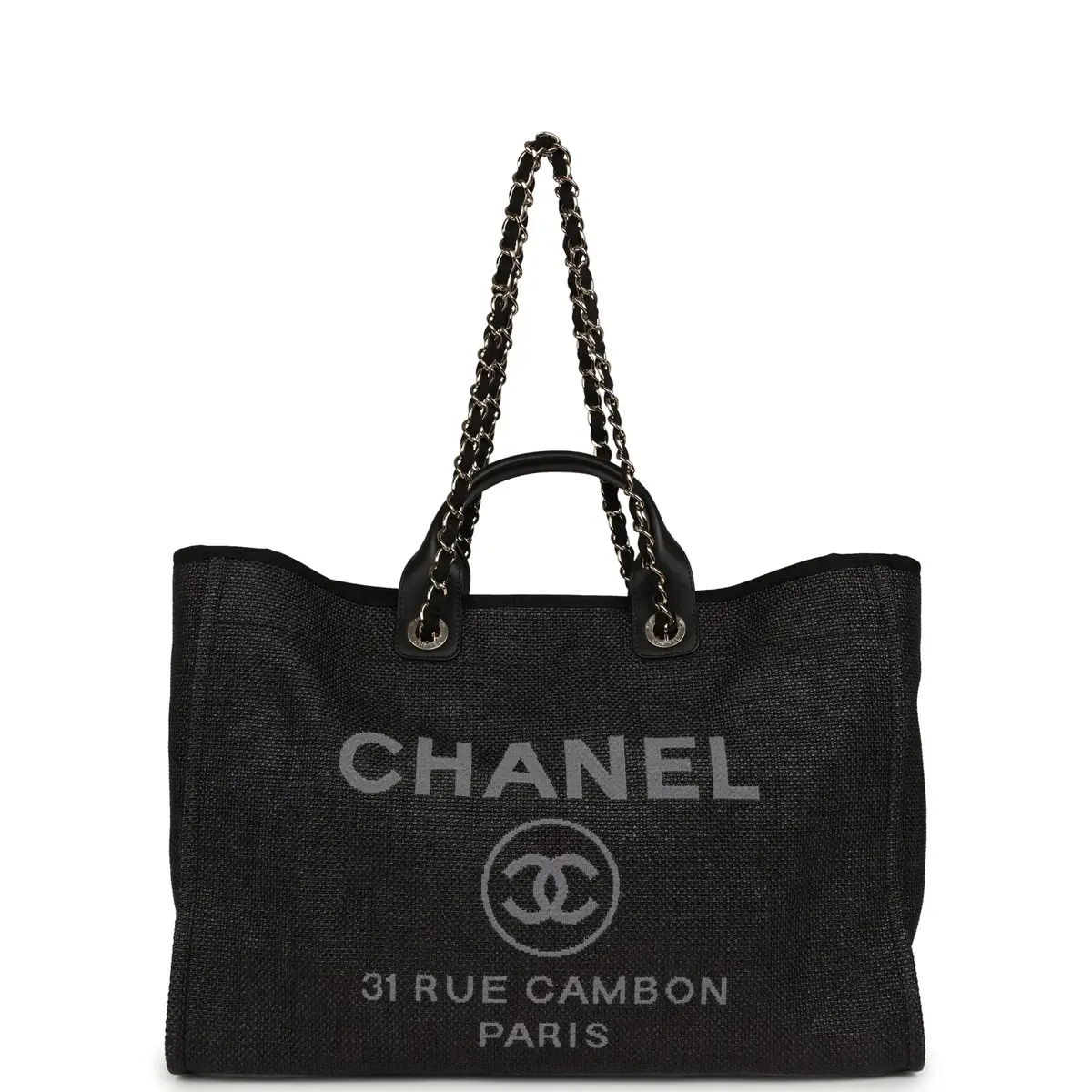 Chanel Chanel Large Deauville Shopping Tote Black, Grey Raffia, Black Canvas Light Gold Hardware | Thumbnail 7 Chanel Chanel Large Deauville Shopping Tote Black, Grey Raffia, Black Canvas Light Gold Hardware | Thumbnail 7