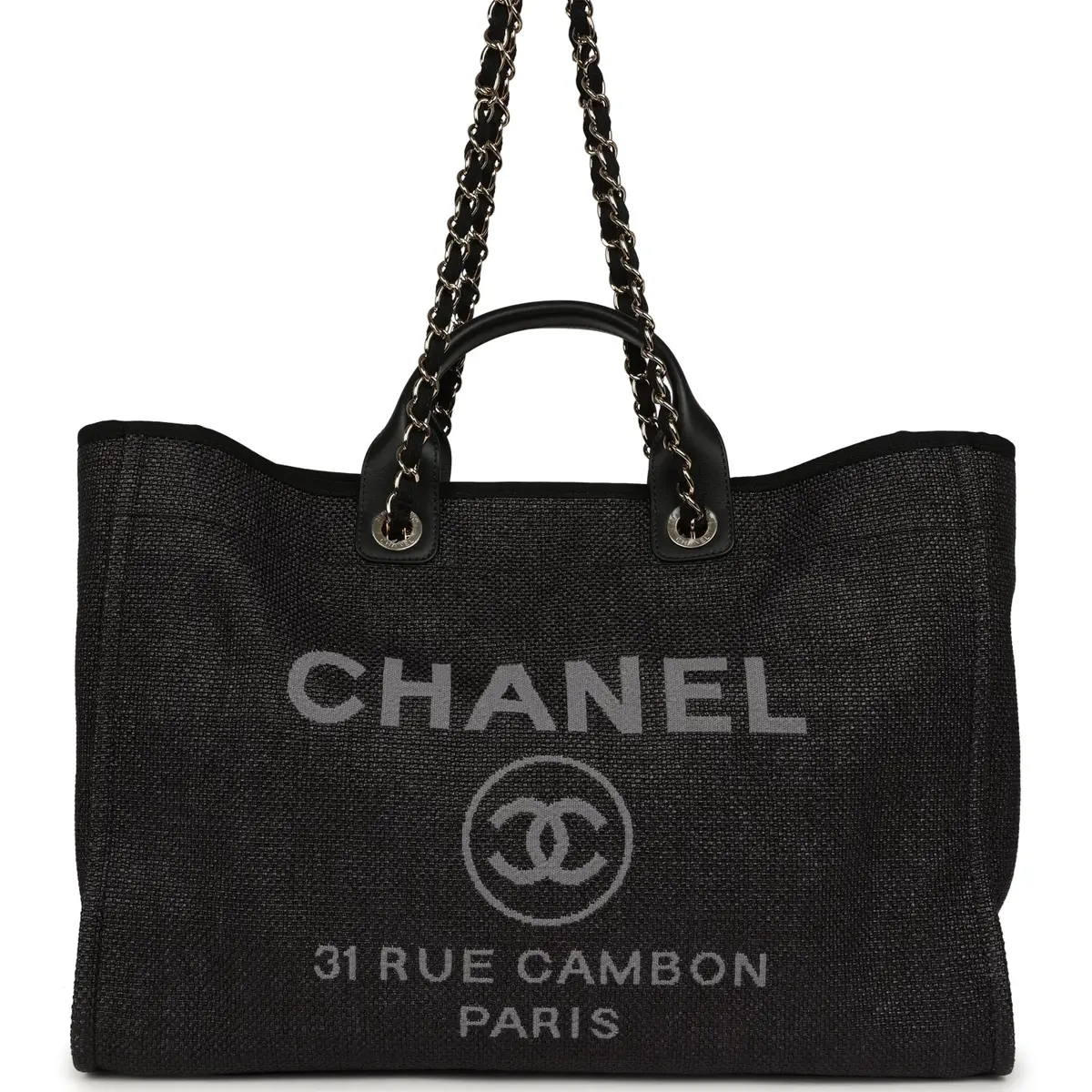 Chanel Chanel Large Deauville Shopping Tote Black, Grey Raffia, Black Canvas Light Gold Hardware | Image 1 Chanel Chanel Large Deauville Shopping Tote Black, Grey Raffia, Black Canvas Light Gold Hardware | Image 1