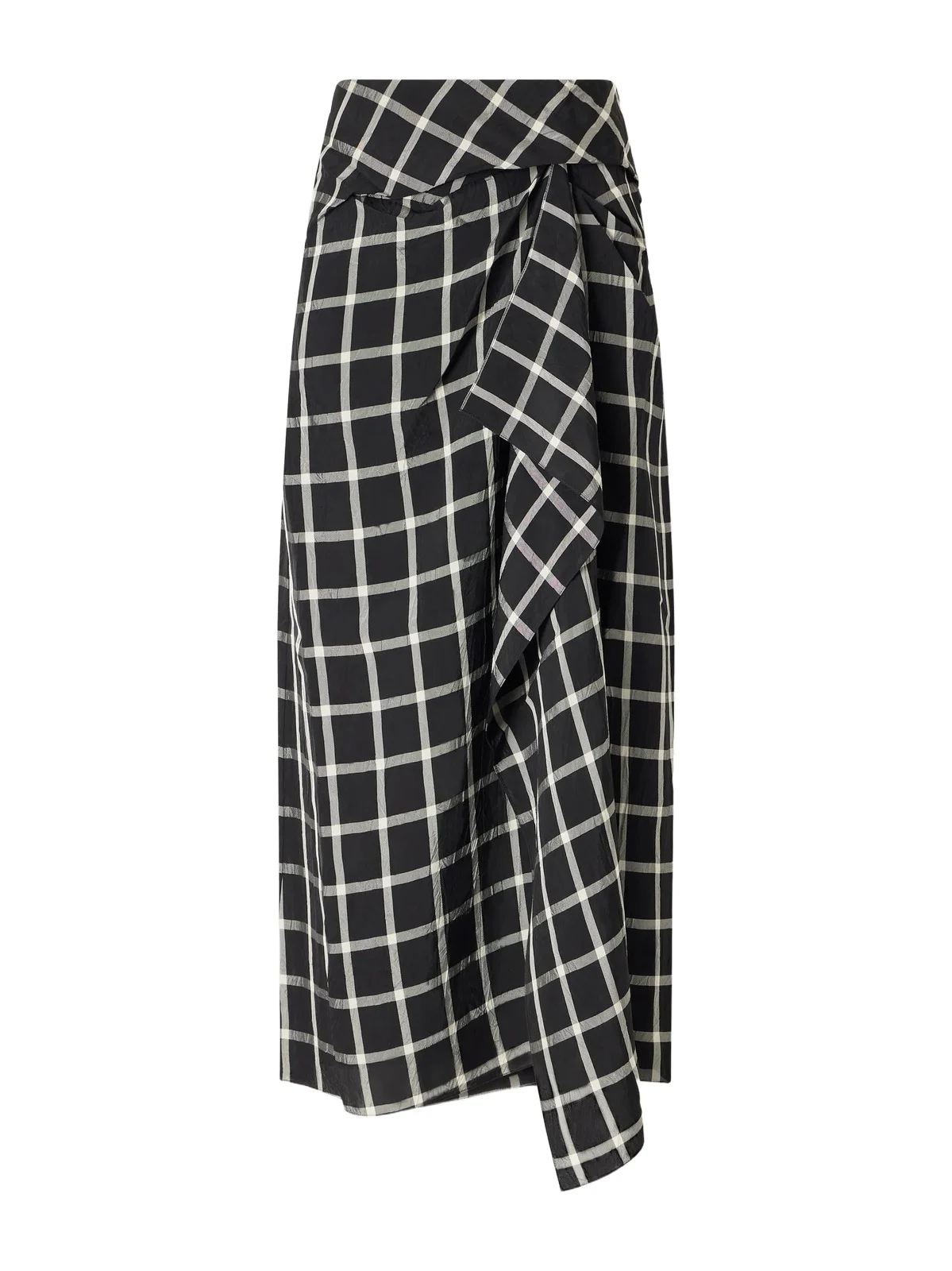 Draped Checked Crinkled-satin Midi Skirt
