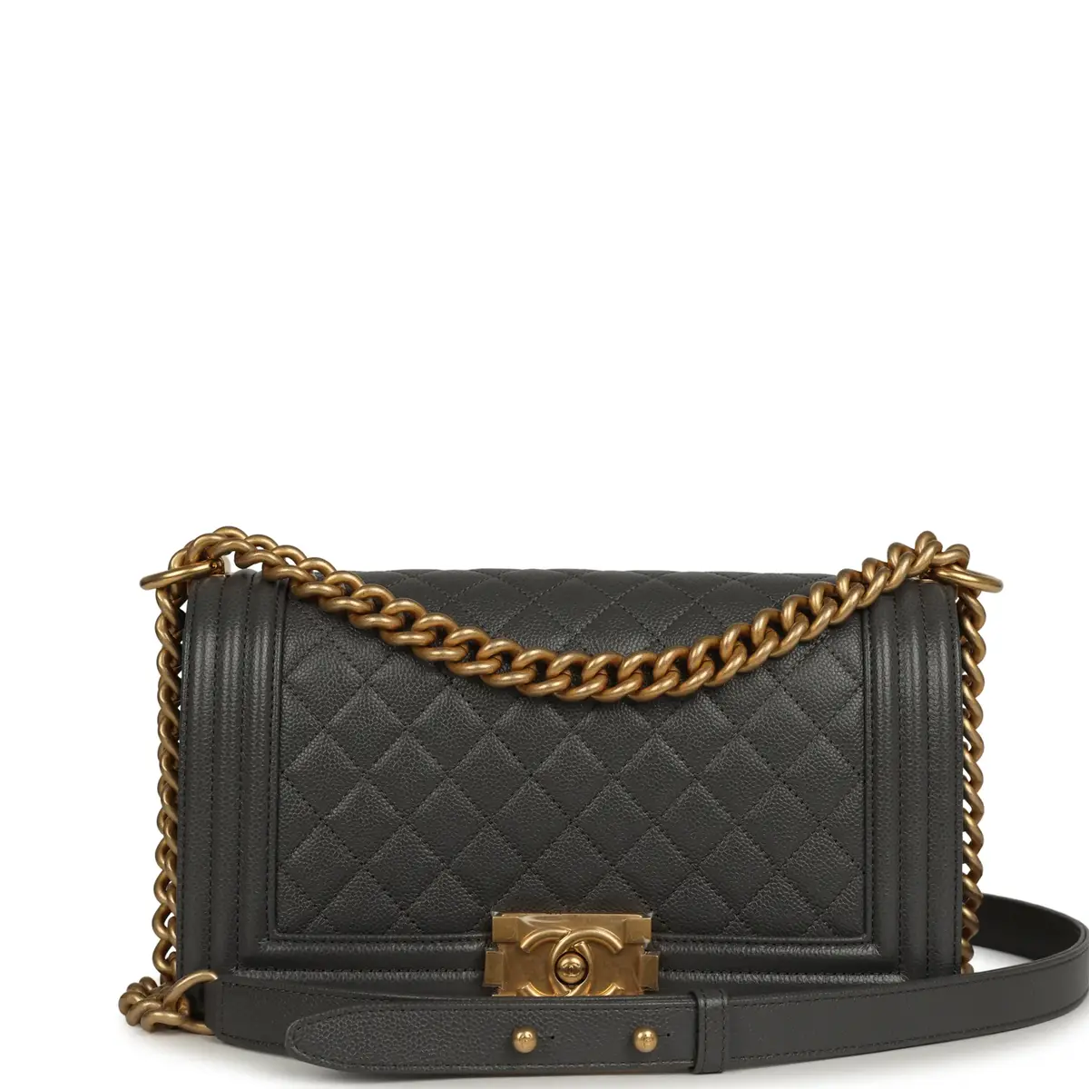 Chanel Chanel Medium Boy Bag Dark Grey Shiny Caviar Antique Gold Hardware | Image 1 Chanel Chanel Medium Boy Bag Dark Grey Shiny Caviar Antique Gold Hardware | Image 1