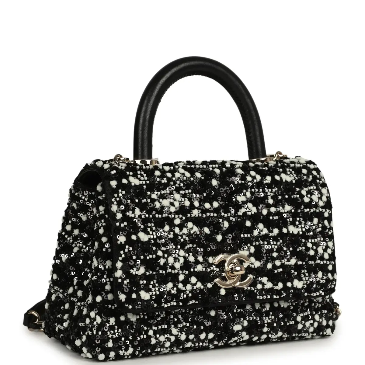 Chanel Chanel Mini Coco Handle Flap Bag Black, White Sequin, Beaded Light Gold Hardware | Thumbnail 2