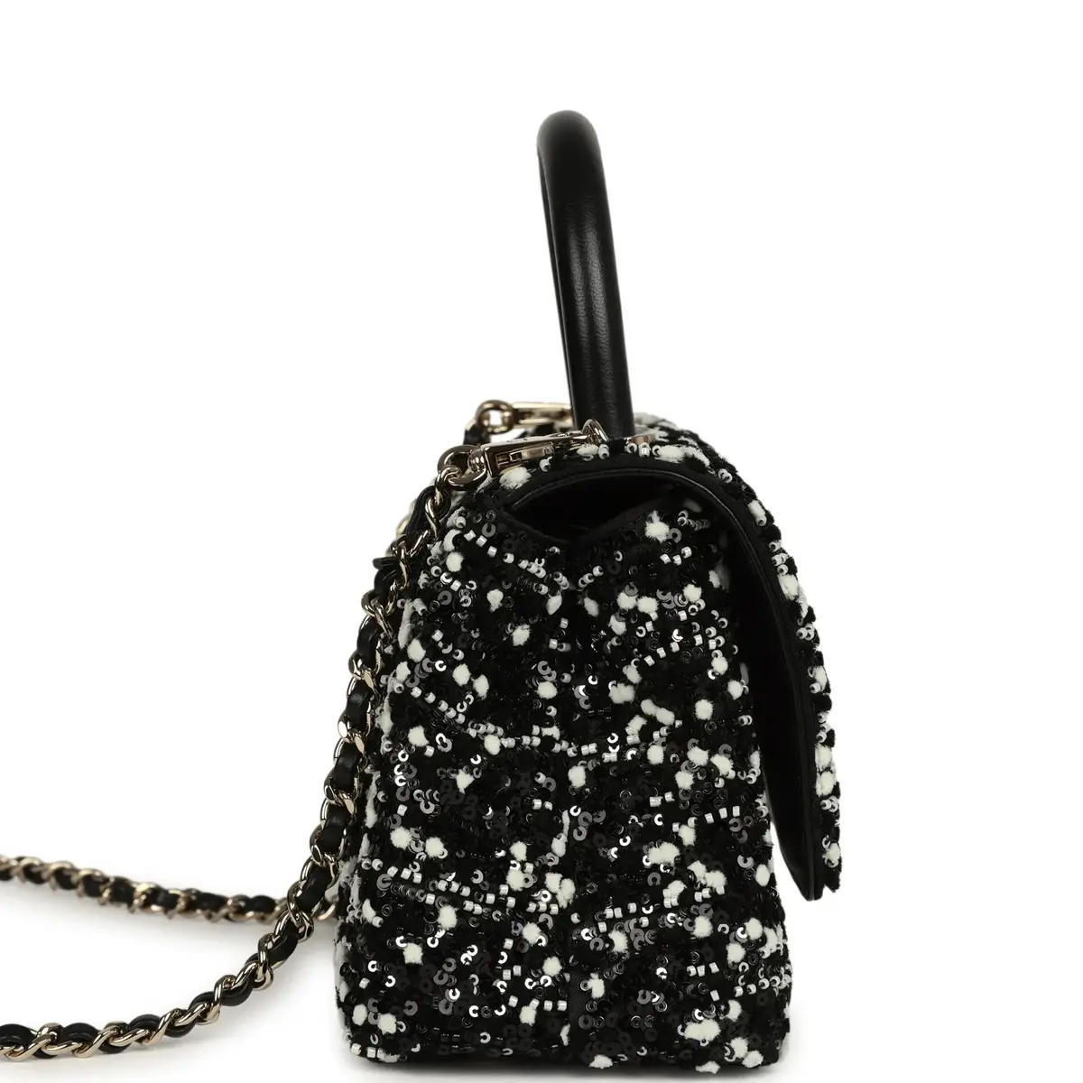 Chanel Chanel Mini Coco Handle Flap Bag Black, White Sequin, Beaded Light Gold Hardware | Thumbnail 3