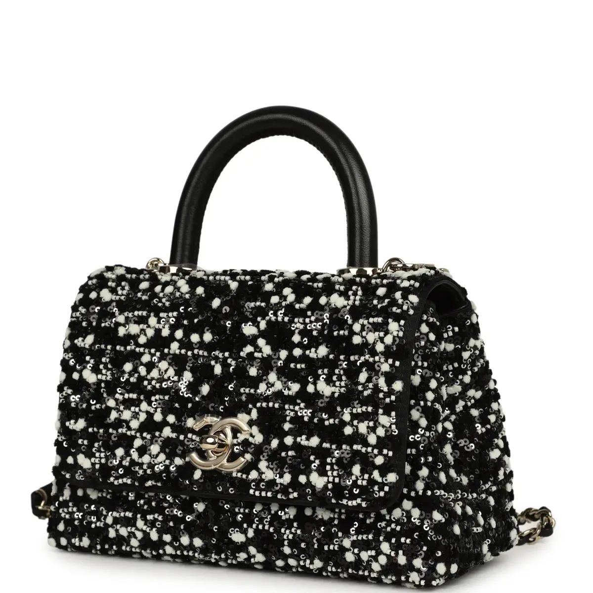 Chanel Chanel Mini Coco Handle Flap Bag Black, White Sequin, Beaded Light Gold Hardware | Thumbnail 5