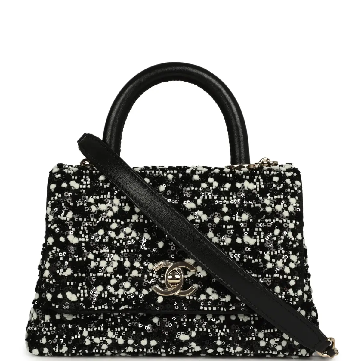 Chanel Chanel Mini Coco Handle Flap Bag Black, White Sequin, Beaded Light Gold Hardware | Image 1 Chanel Chanel Mini Coco Handle Flap Bag Black, White Sequin, Beaded Light Gold Hardware | Image 1