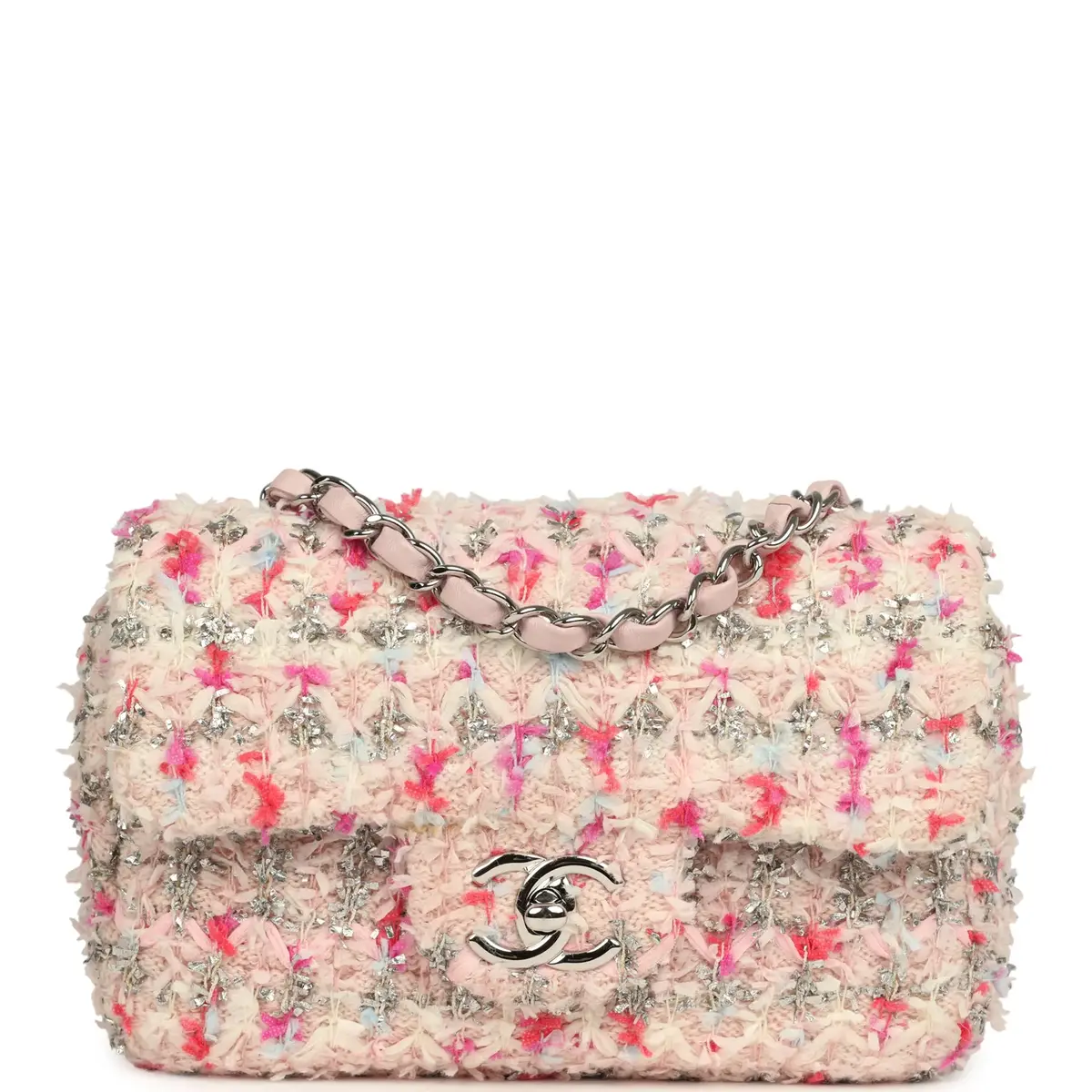 Chanel Chanel Mini Rectangular Flap Bag Pink, Multicolored Tweed Bouclé Silver Hardware | Image 1 Chanel Chanel Mini Rectangular Flap Bag Pink, Multicolored Tweed Bouclé Silver Hardware | Image 1